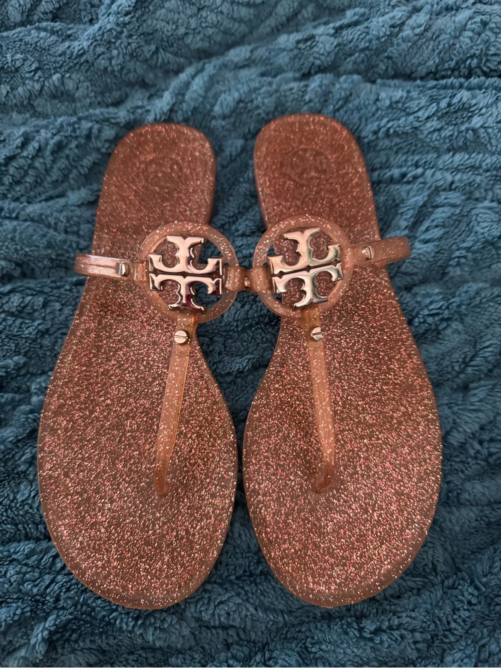 Tory Burch Rose Pink Glitter Logo Jelly Sandals